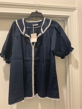 Sea Blue Puff Sleeve Blouse with White Trim